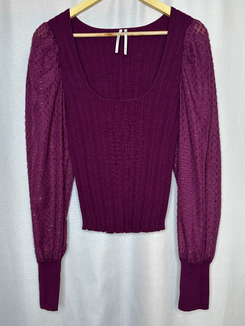 Anthropologie Ribbed Shimmer Sweater Sheer Bishop Sleeves, Medium Fairy Romantic